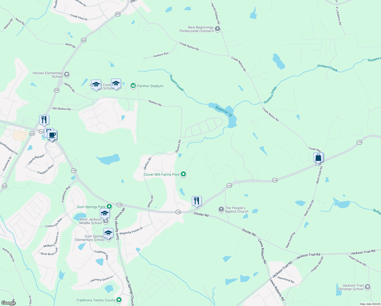 map of restaurants, bars, coffee shops, grocery stores, and more near 585 Clover Mill Dr in Jefferson