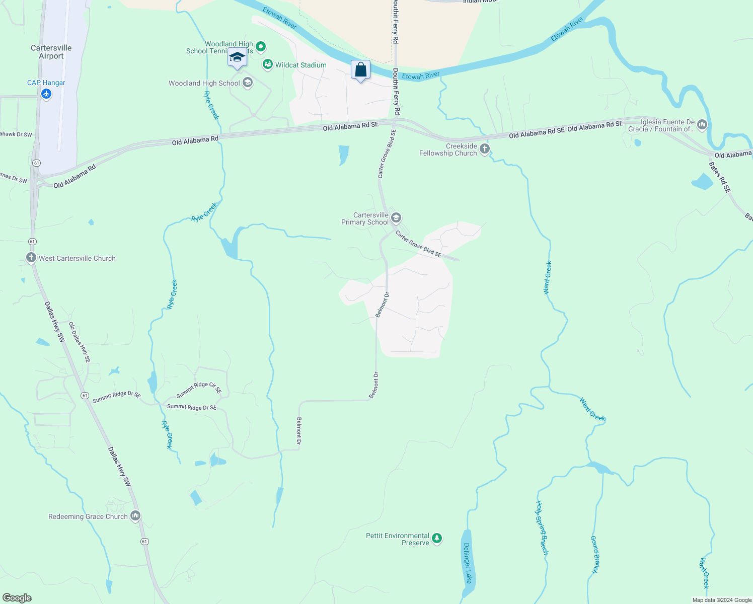 map of restaurants, bars, coffee shops, grocery stores, and more near 217 Belmont Drive in Cartersville