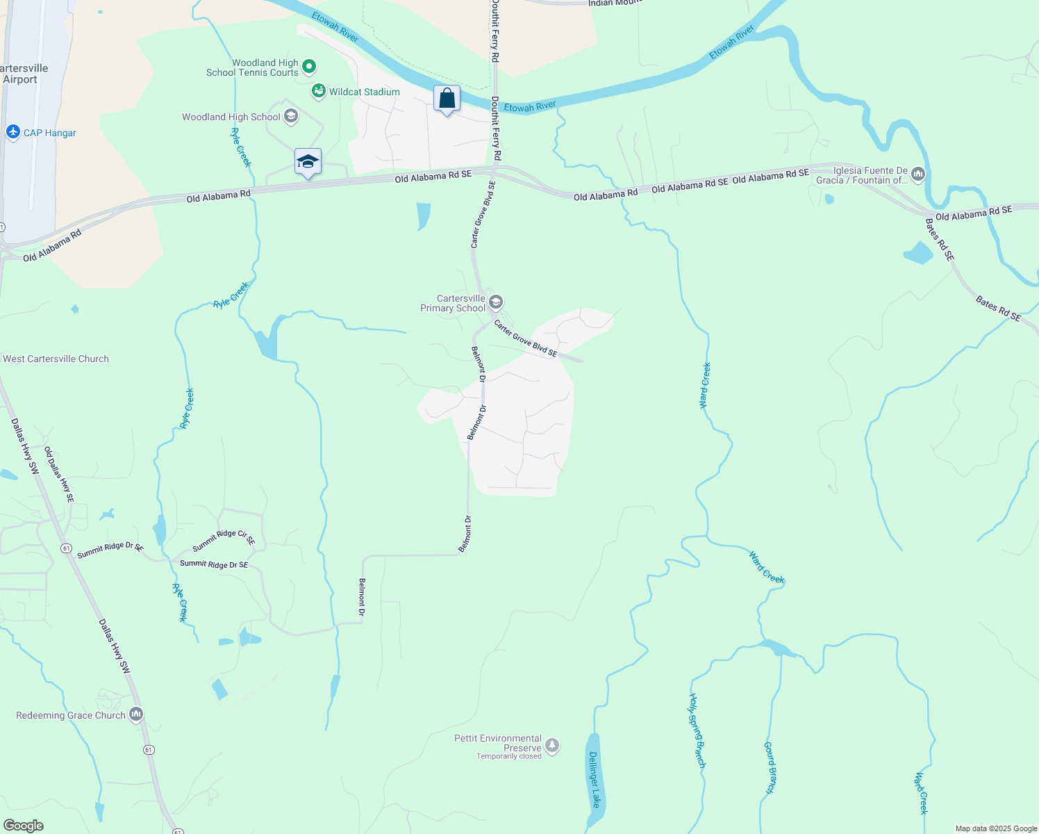 map of restaurants, bars, coffee shops, grocery stores, and more near 9 Ridgemont Way in Cartersville