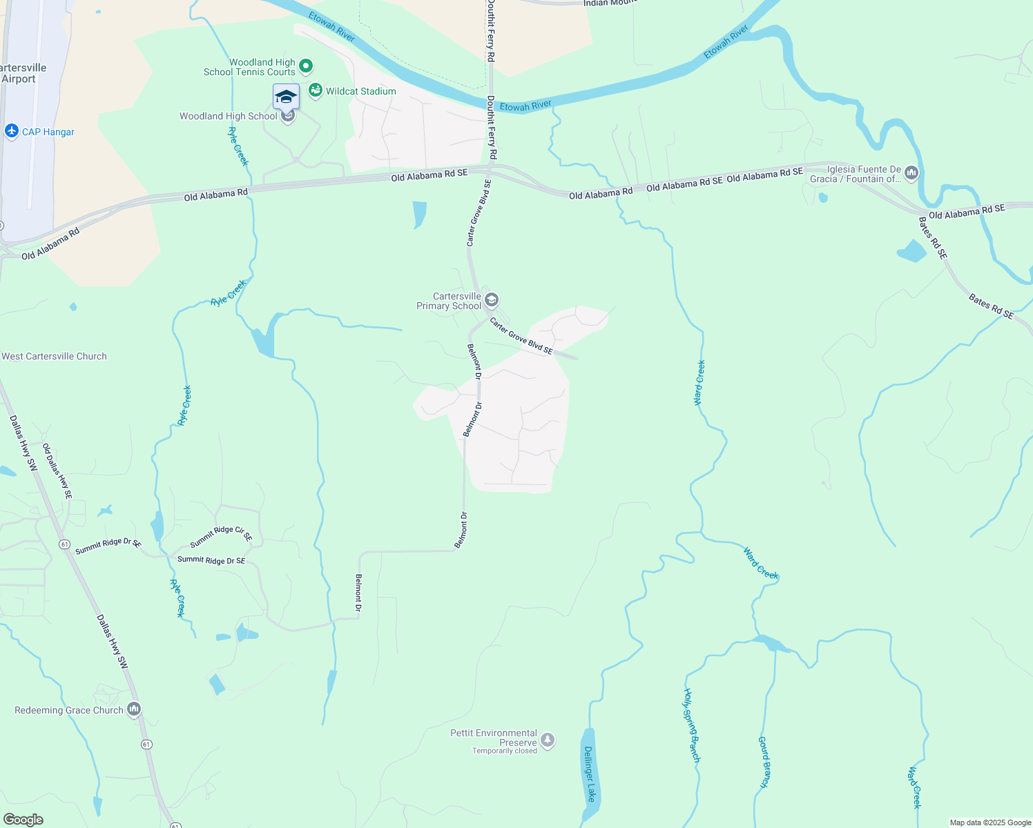 map of restaurants, bars, coffee shops, grocery stores, and more near 9 Ridgemont Way in Cartersville
