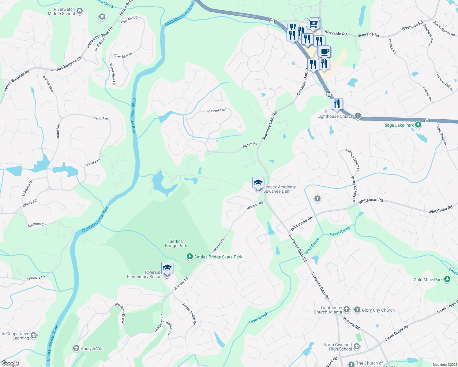map of restaurants, bars, coffee shops, grocery stores, and more near 5630 Kennedy Road in Suwanee