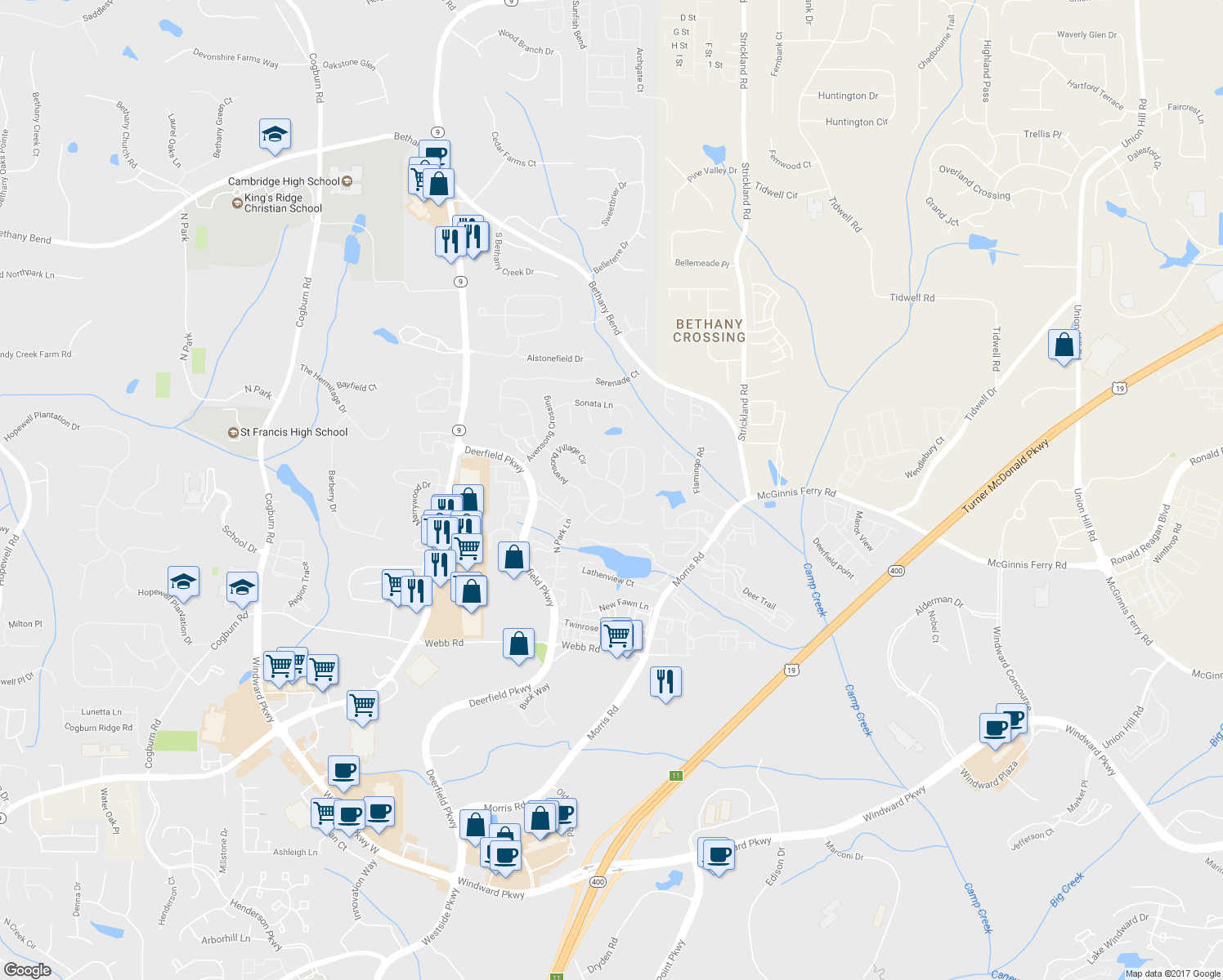 map of restaurants, bars, coffee shops, grocery stores, and more near 3421 Avensong Village Circle in Alpharetta