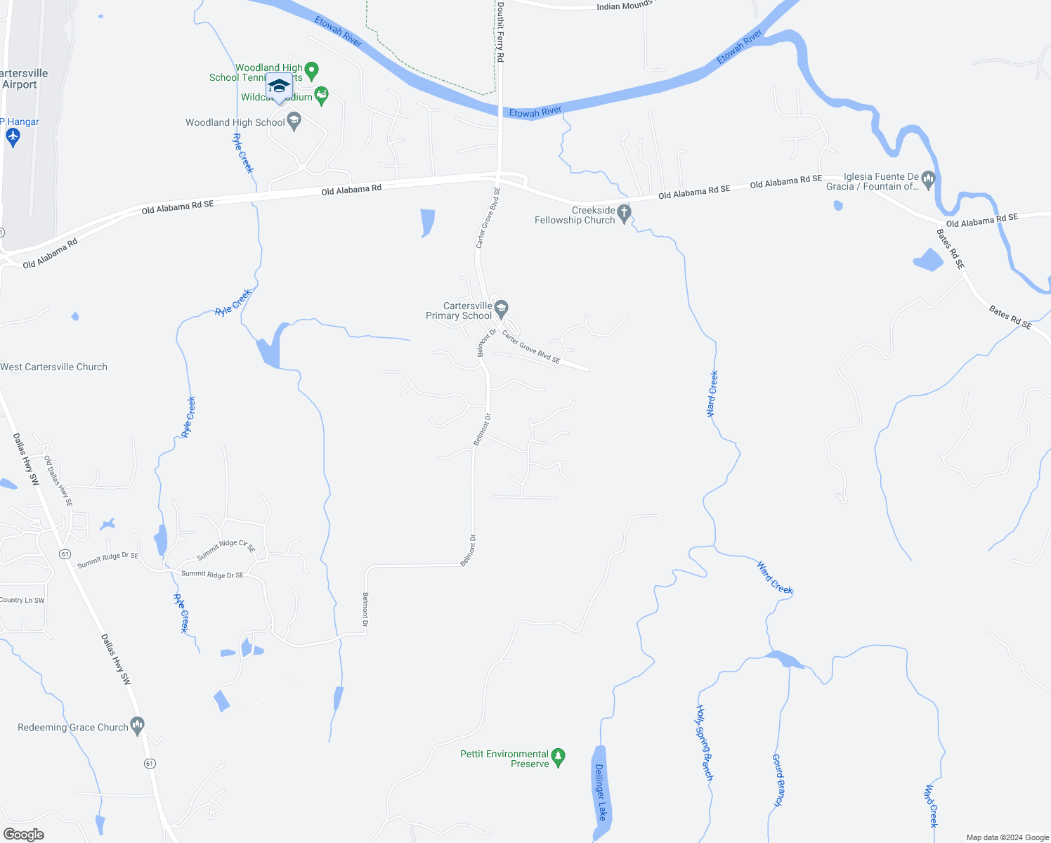 map of restaurants, bars, coffee shops, grocery stores, and more near 7 Ridgemont Way in Cartersville