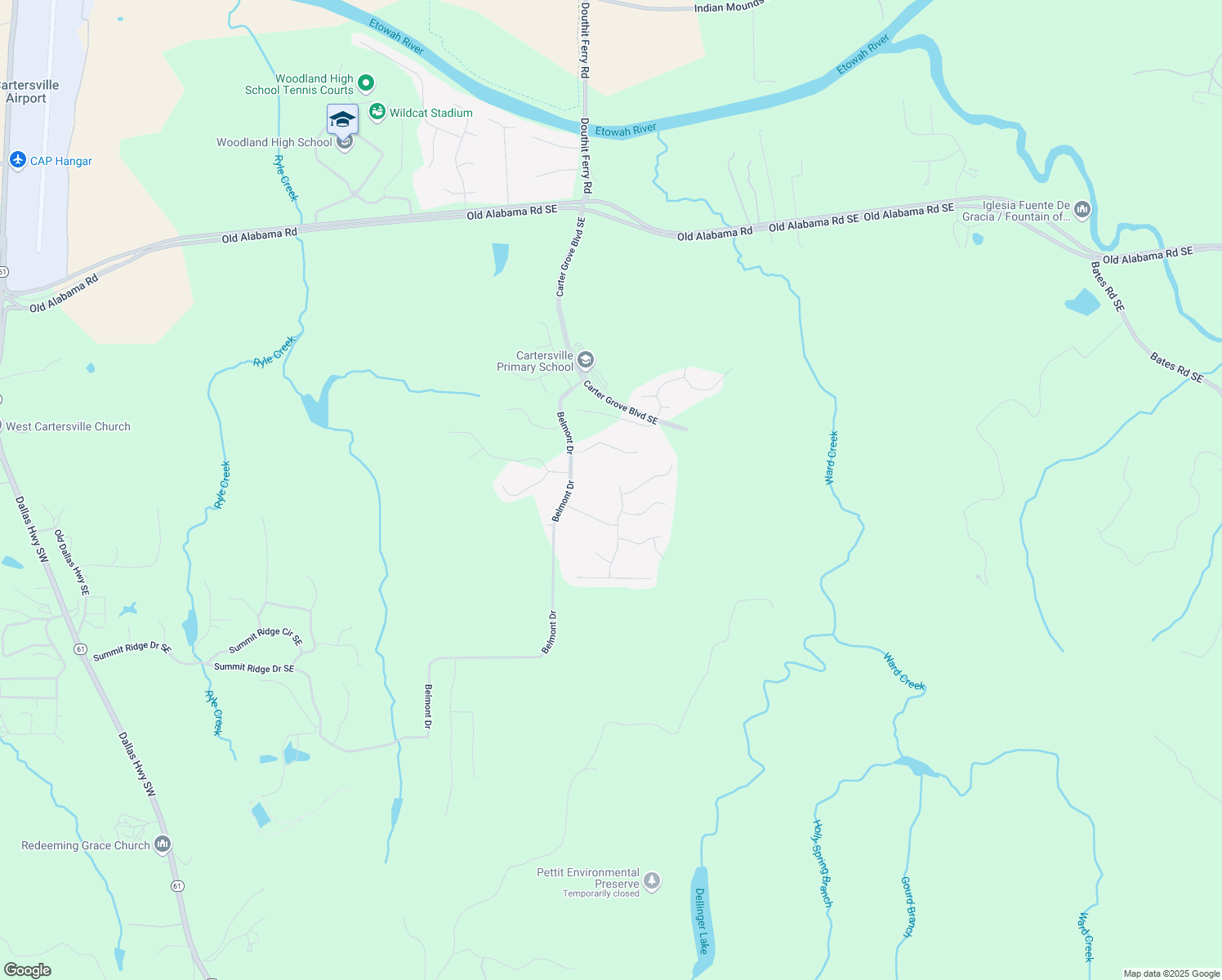 map of restaurants, bars, coffee shops, grocery stores, and more near 7 Ridgemont Way in Cartersville