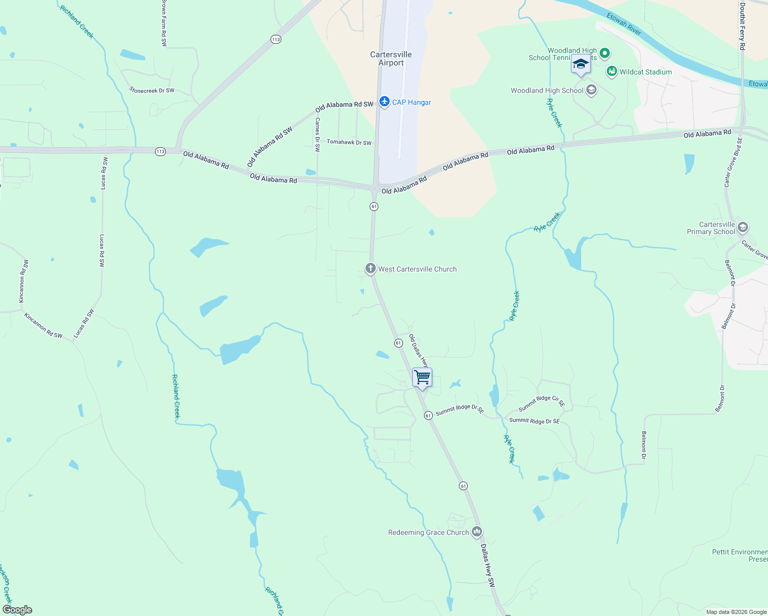 map of restaurants, bars, coffee shops, grocery stores, and more near Dallas Highway Southwest in Cartersville