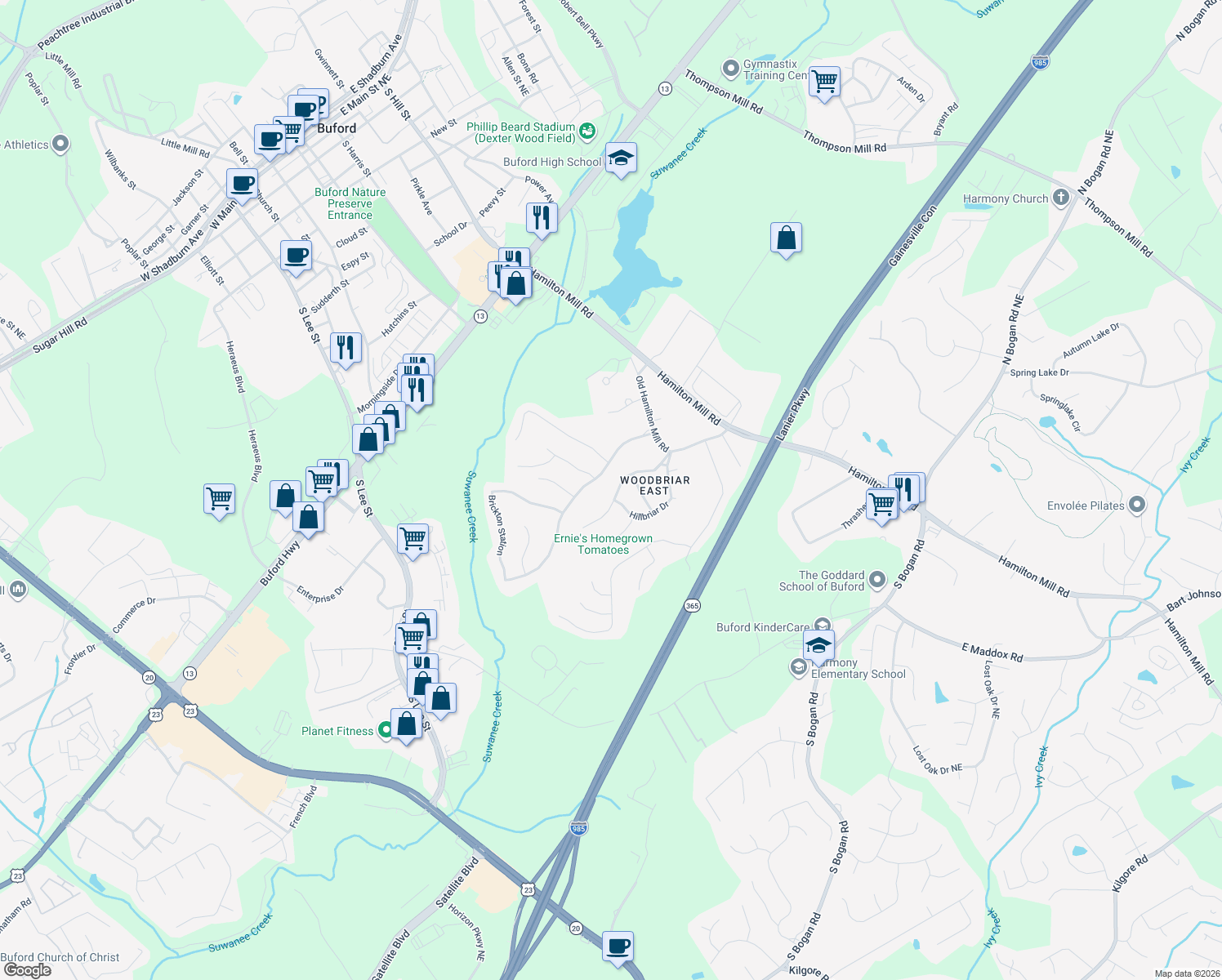 map of restaurants, bars, coffee shops, grocery stores, and more near 2226 Woodbriar Drive in Buford
