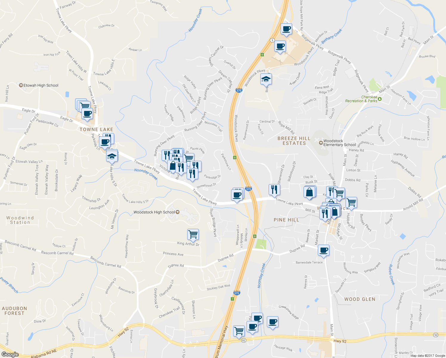 map of restaurants, bars, coffee shops, grocery stores, and more near 140 Stoneforest Drive in Woodstock