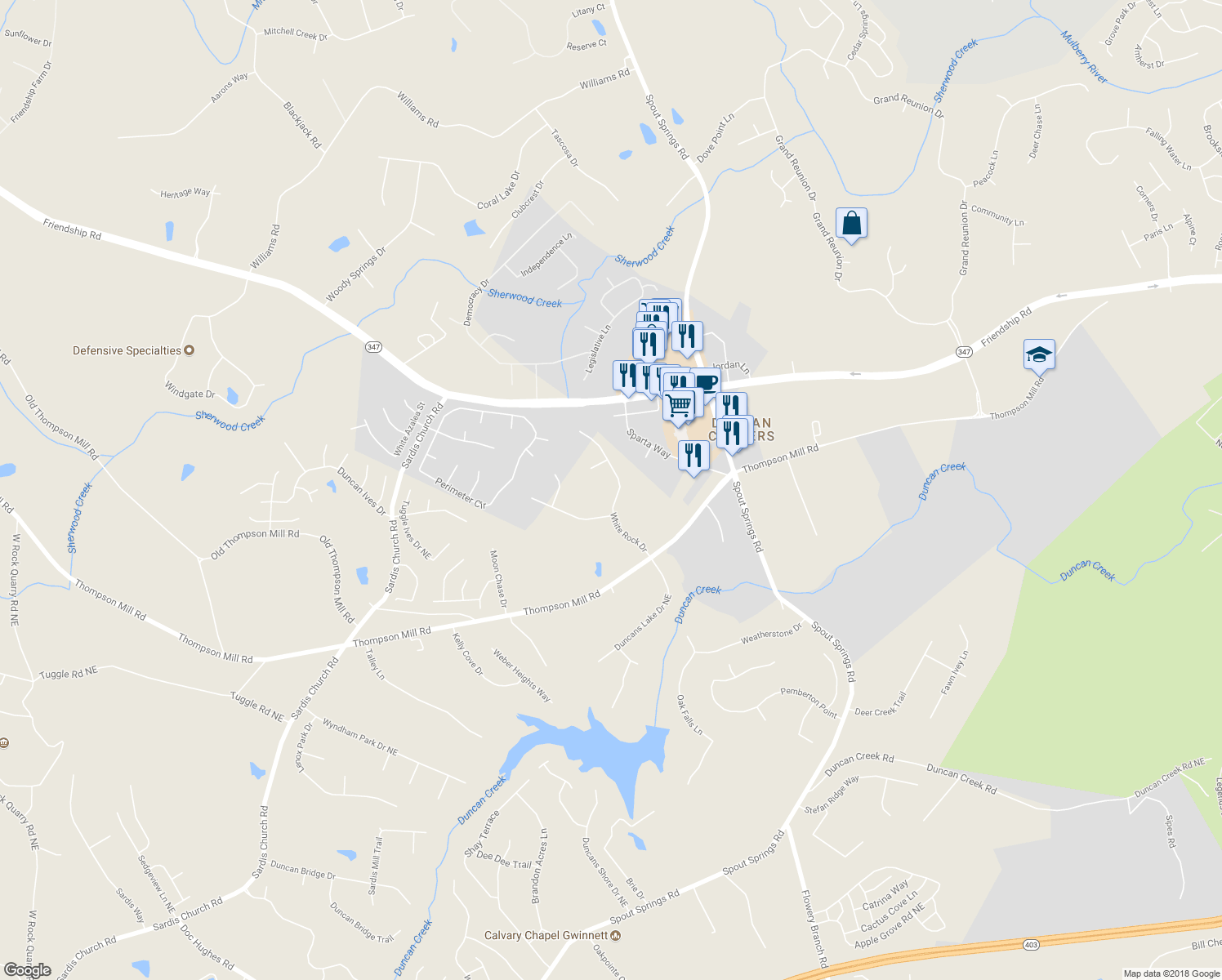 map of restaurants, bars, coffee shops, grocery stores, and more near 2659 White Rock Drive in Buford