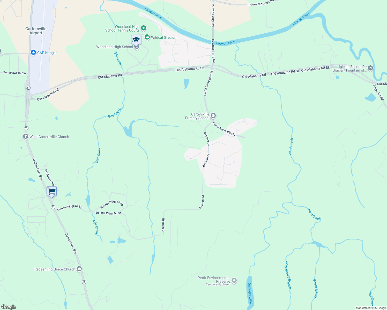 map of restaurants, bars, coffee shops, grocery stores, and more near 11 Plantation Ridge Drive in Cartersville