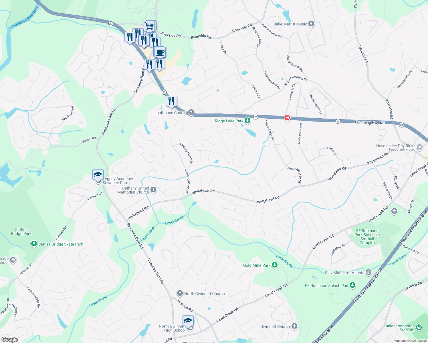 map of restaurants, bars, coffee shops, grocery stores, and more near 5400 Lexington View Place in Sugar Hill