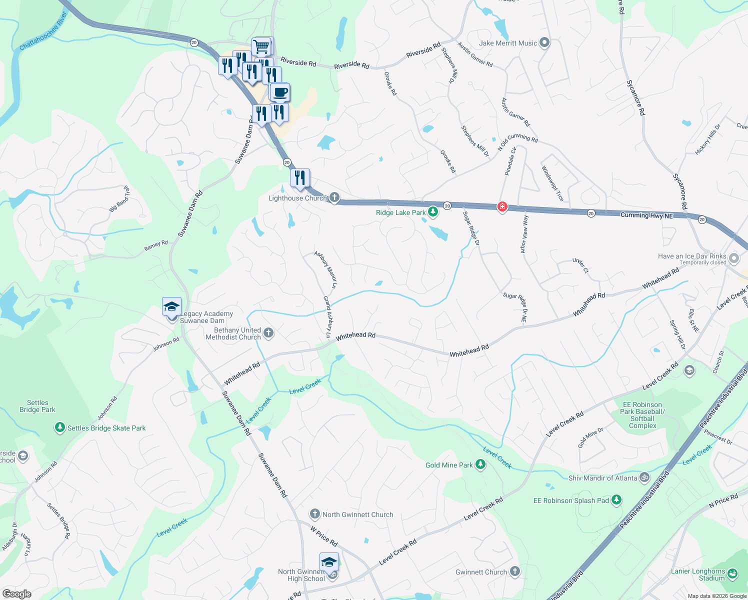 map of restaurants, bars, coffee shops, grocery stores, and more near 5400 Lexington View Place in Sugar Hill