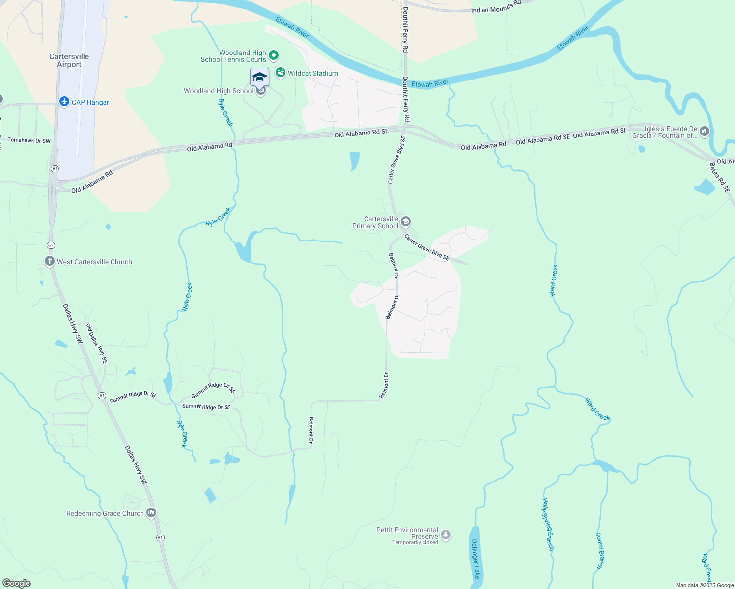 map of restaurants, bars, coffee shops, grocery stores, and more near 11 Plantation Ridge Drive in Cartersville