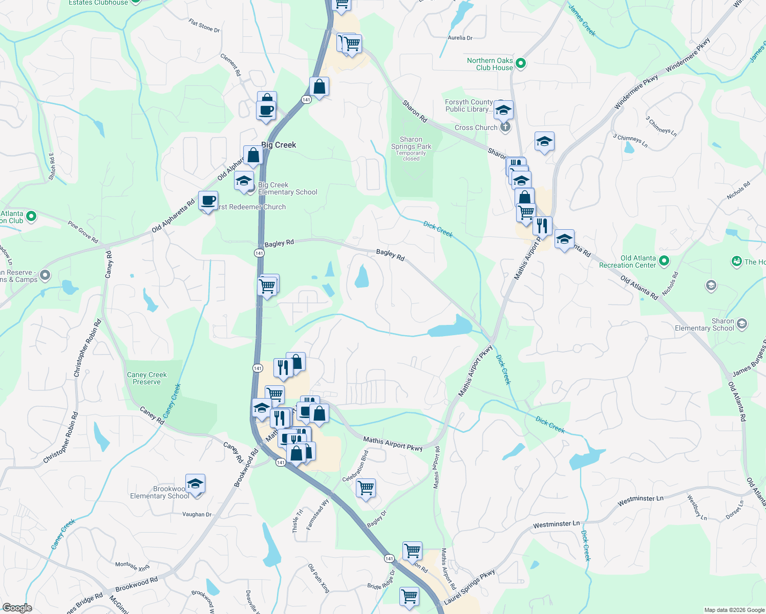 map of restaurants, bars, coffee shops, grocery stores, and more near 2320 Manor Creek Ct in Cumming