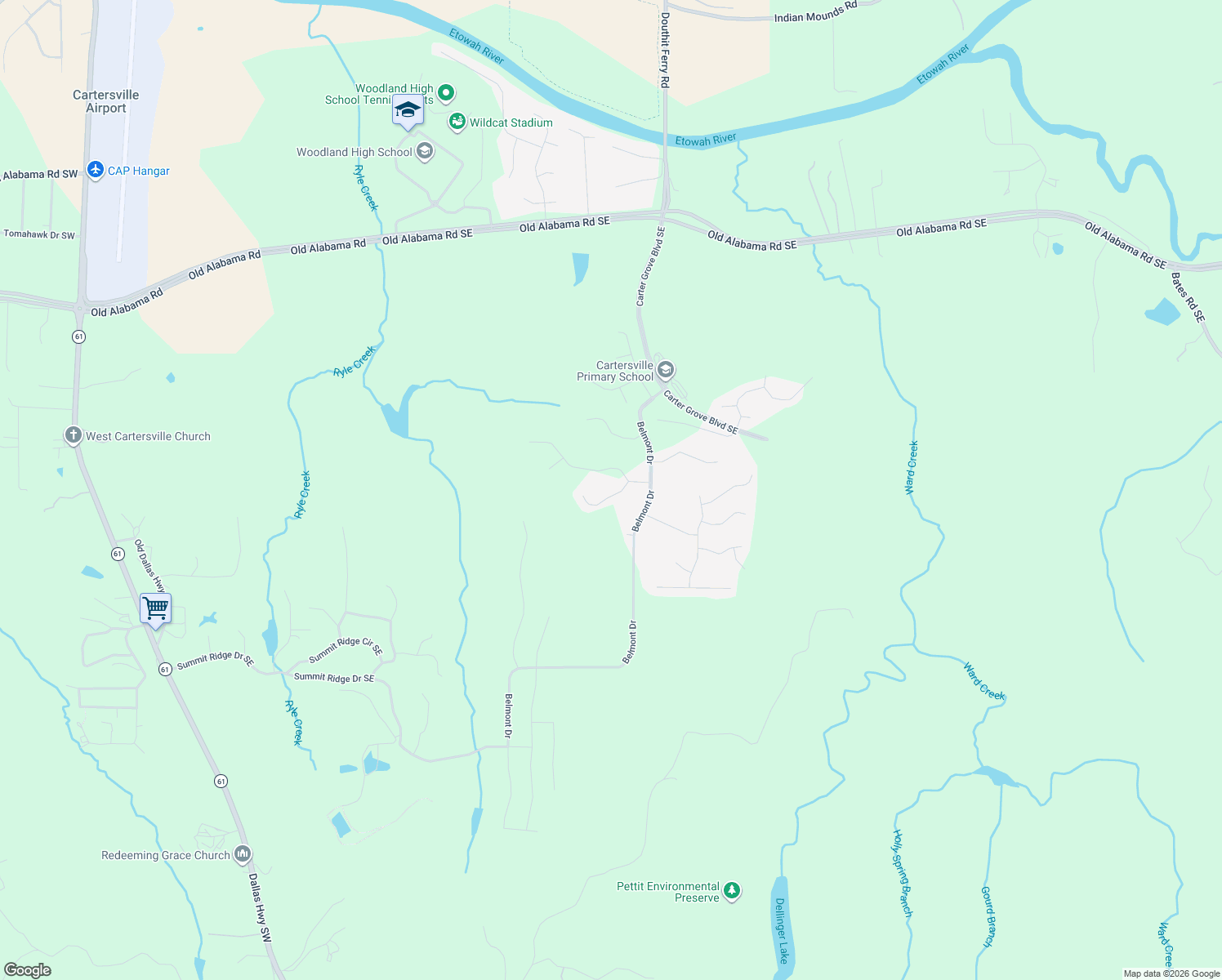 map of restaurants, bars, coffee shops, grocery stores, and more near 7 Plantation Ridge Drive in Cartersville