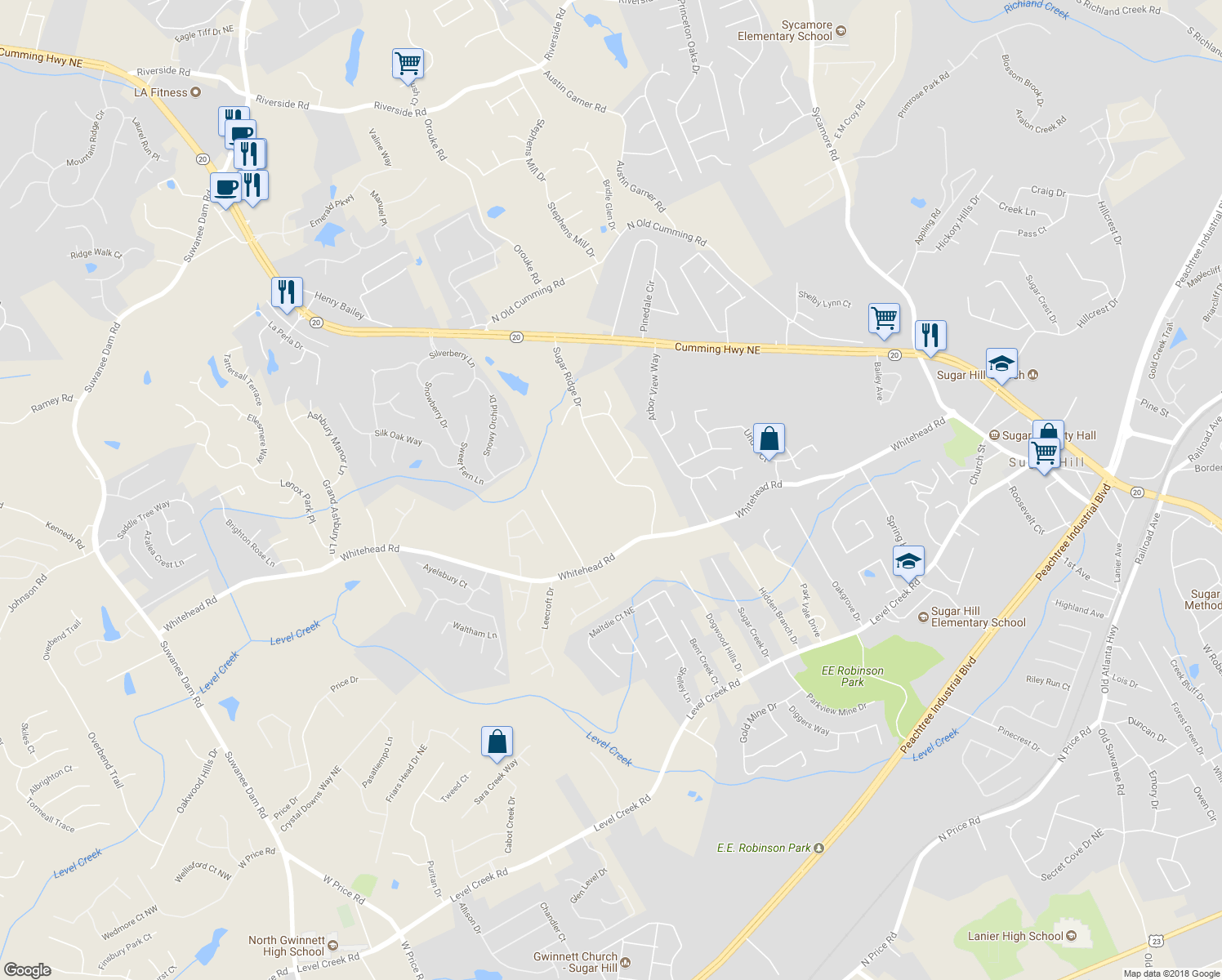 map of restaurants, bars, coffee shops, grocery stores, and more near 5259 Sugar Ridge Drive in Sugar Hill