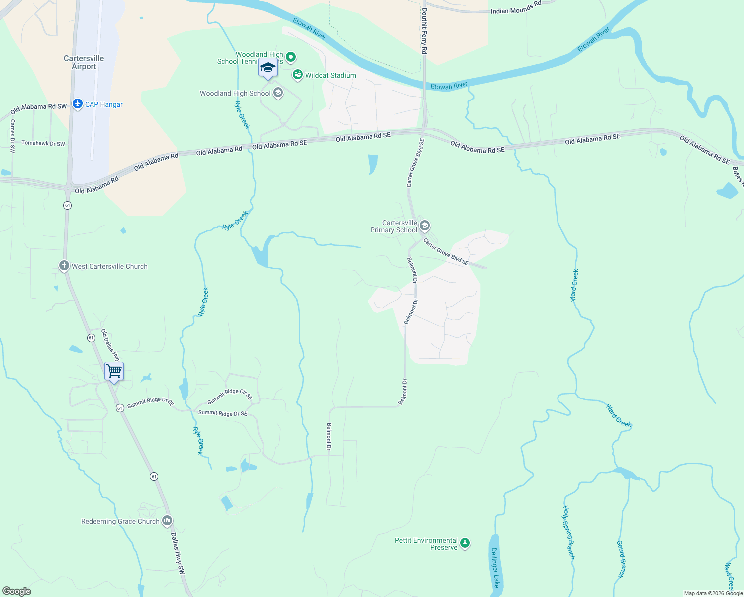 map of restaurants, bars, coffee shops, grocery stores, and more near 21 Plantation Ridge Drive in Cartersville