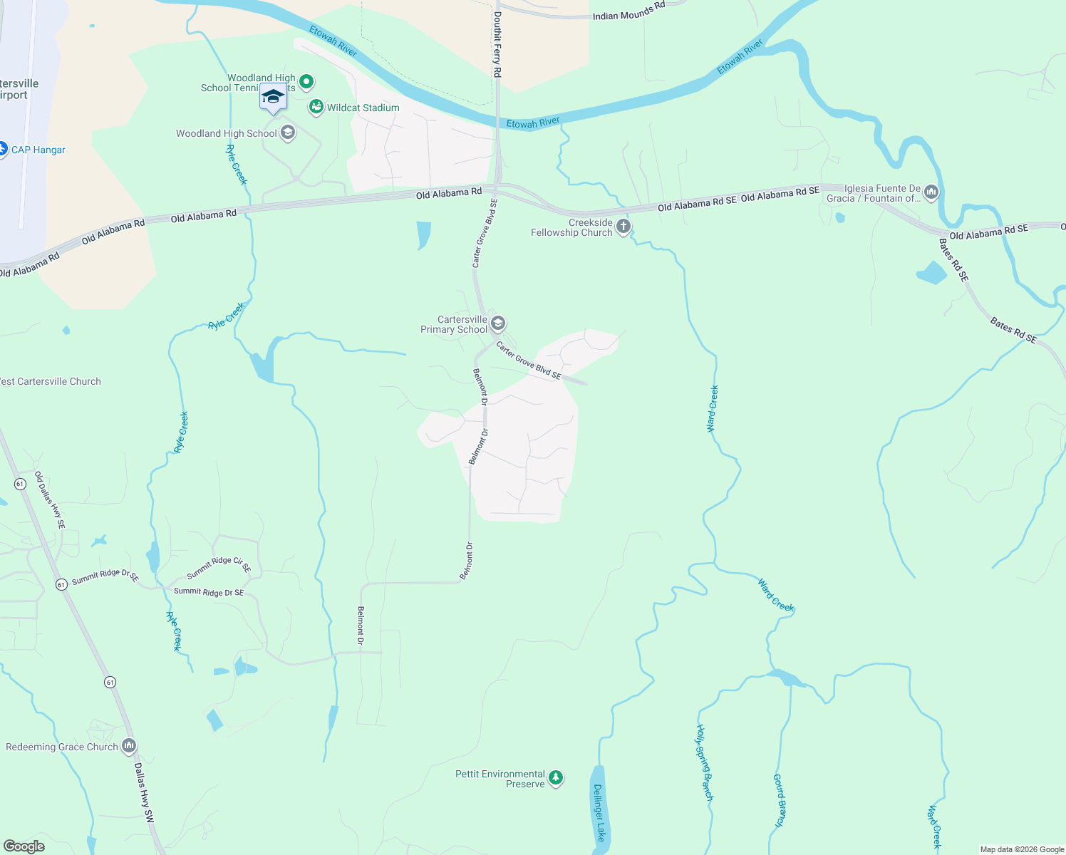 map of restaurants, bars, coffee shops, grocery stores, and more near 4 Ridgemont Way in Cartersville