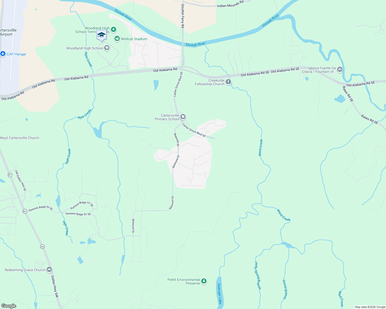 map of restaurants, bars, coffee shops, grocery stores, and more near 4 Ridgemont Way in Cartersville