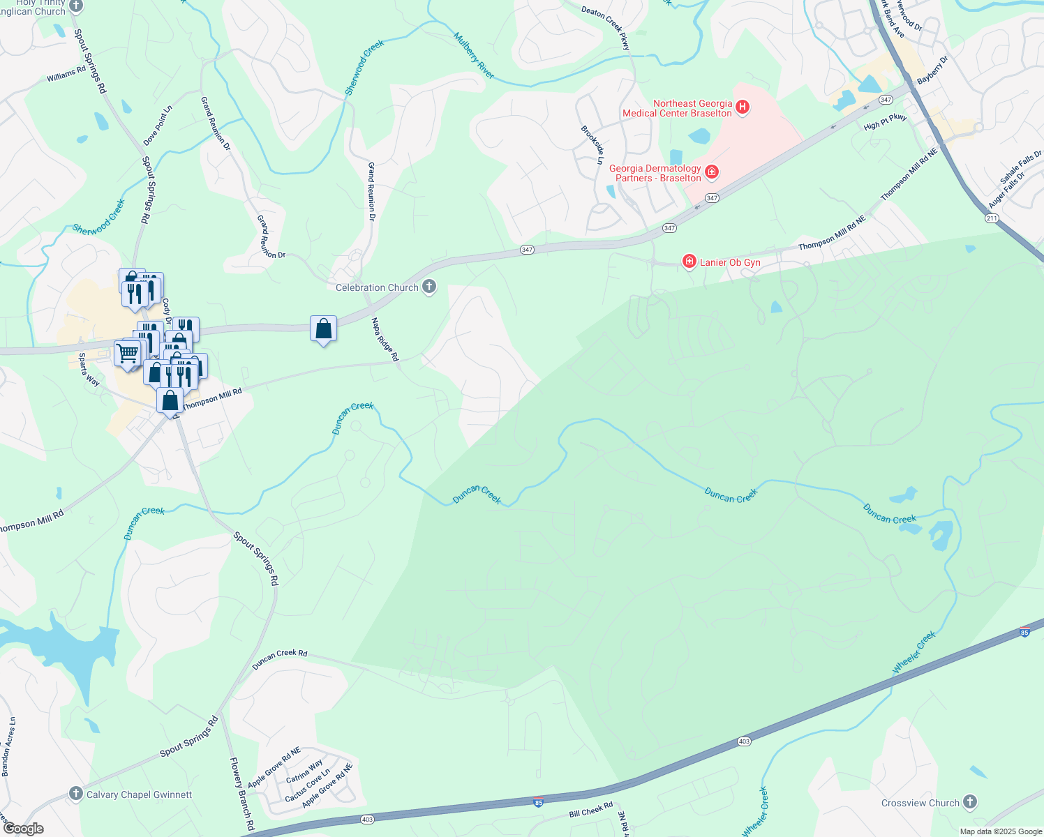 map of restaurants, bars, coffee shops, grocery stores, and more near 5860 Collier Bridge Lane in Hoschton