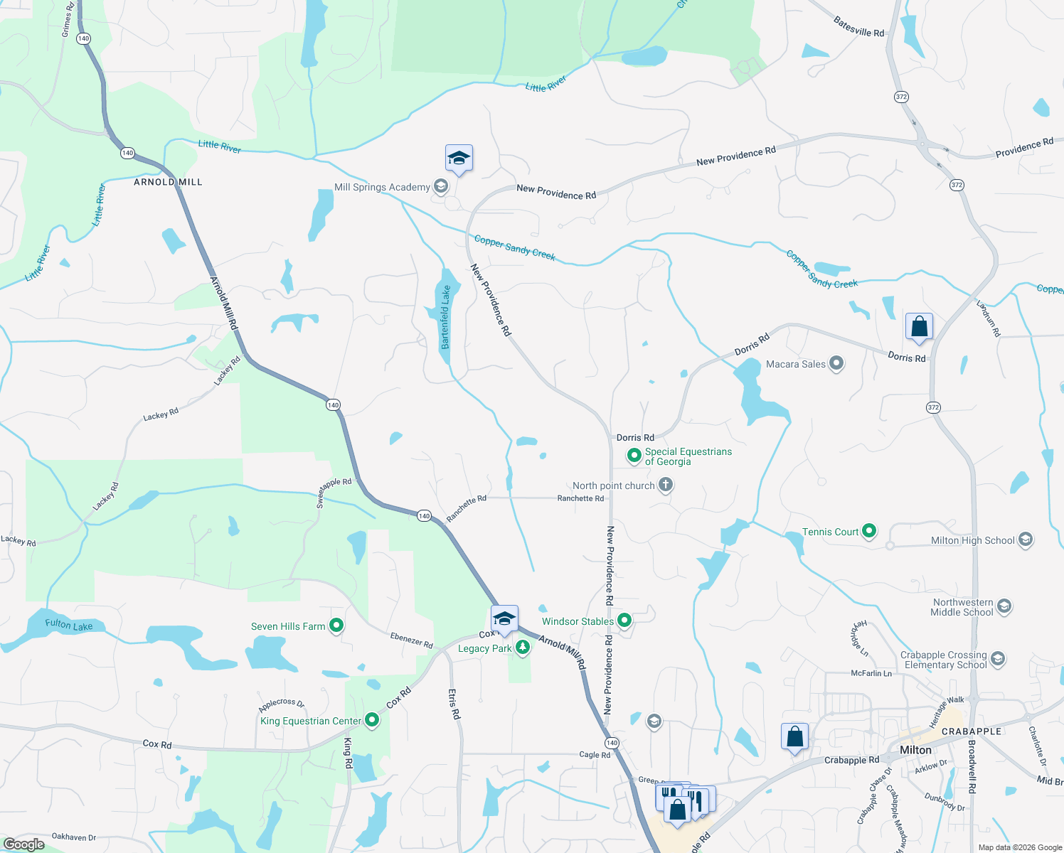 map of restaurants, bars, coffee shops, grocery stores, and more near 13340 New Providence Road in Alpharetta
