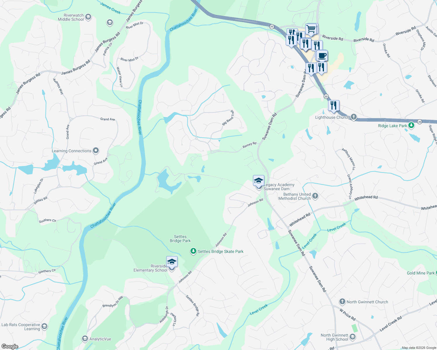 map of restaurants, bars, coffee shops, grocery stores, and more near 5630 Kennedy Road in Suwanee