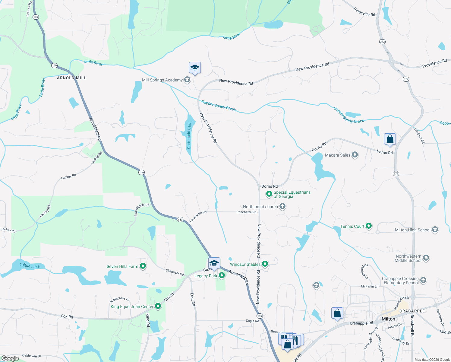 map of restaurants, bars, coffee shops, grocery stores, and more near 13340 New Providence Road in Alpharetta