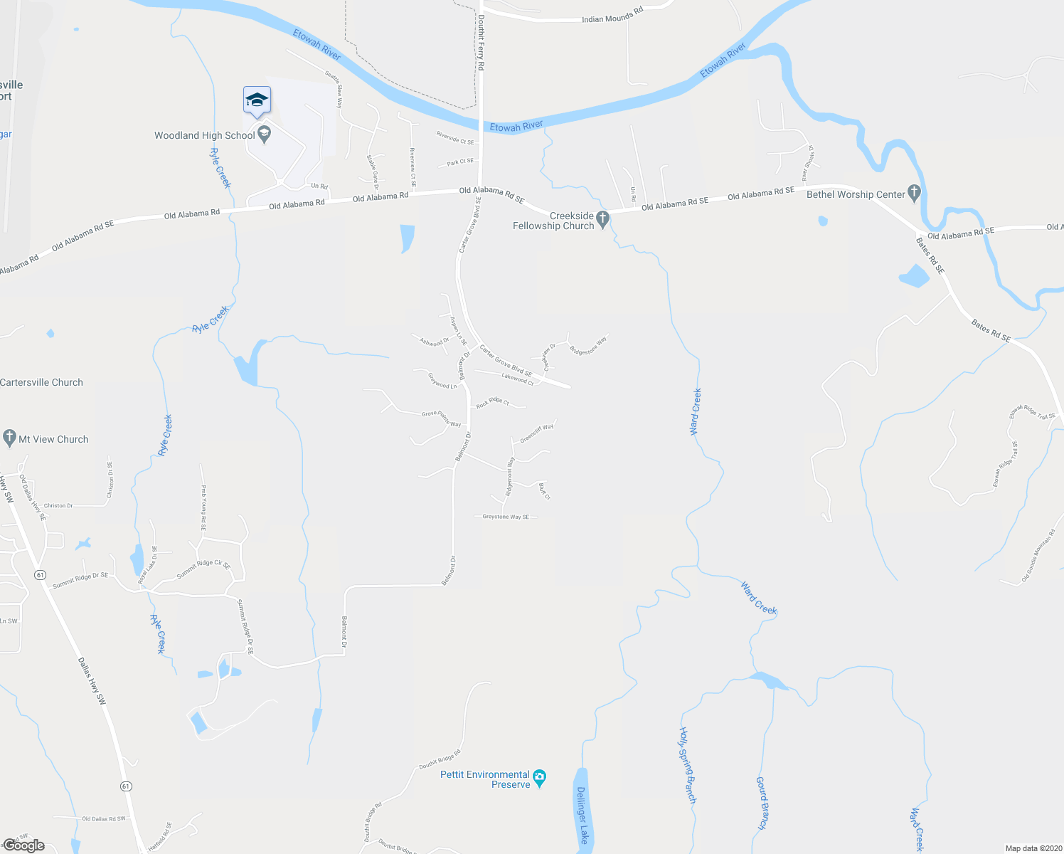 map of restaurants, bars, coffee shops, grocery stores, and more near 10 Greencliff Way in Cartersville