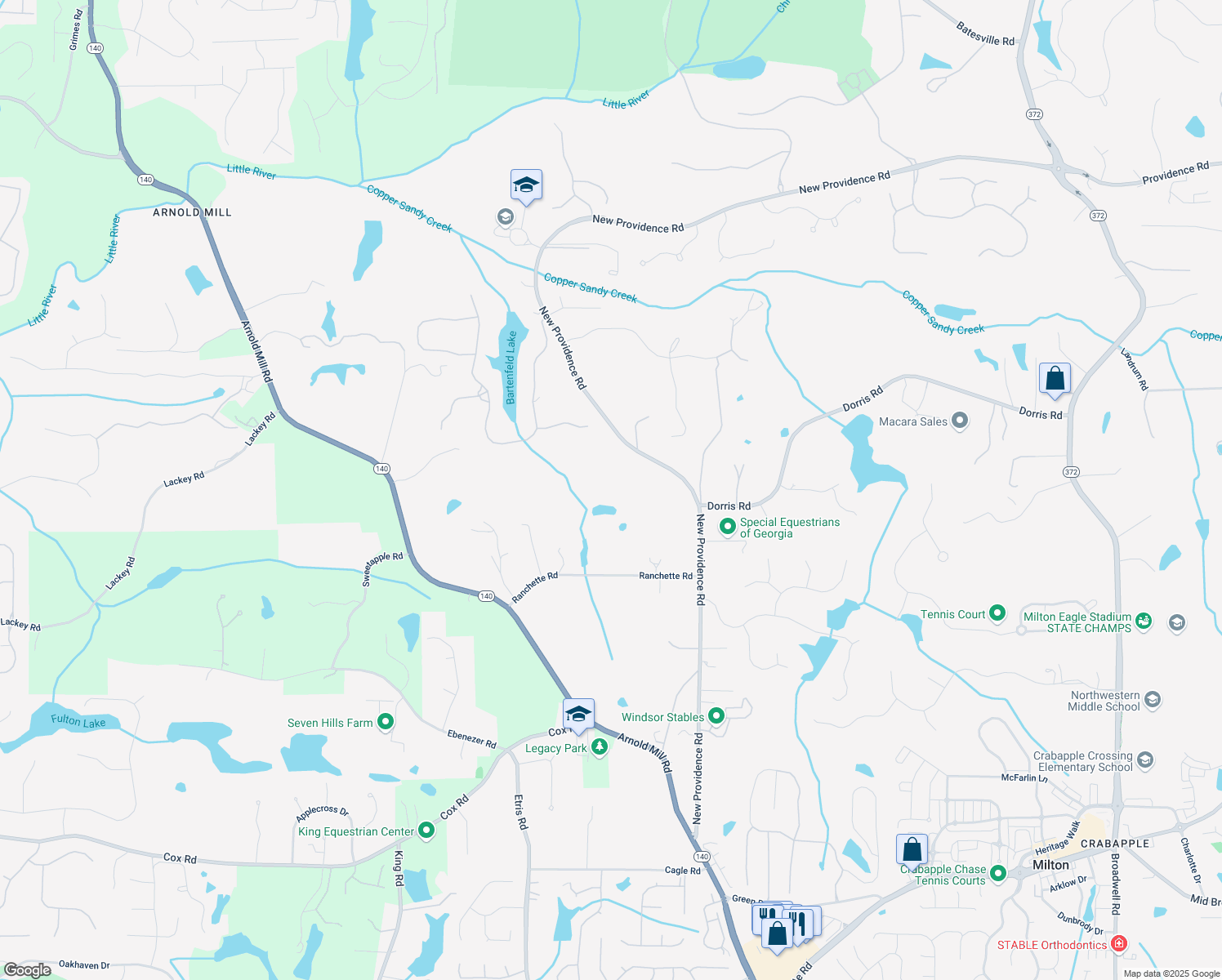 map of restaurants, bars, coffee shops, grocery stores, and more near 13340 New Providence Road in Alpharetta