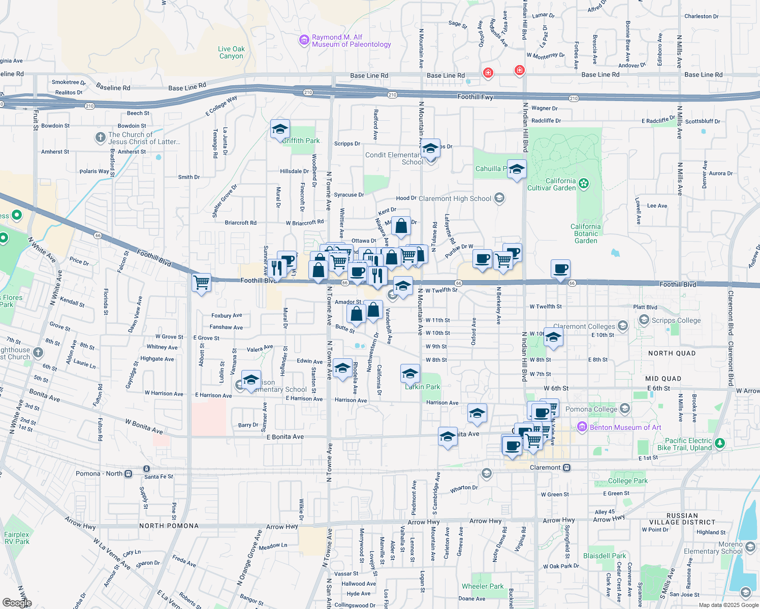 map of restaurants, bars, coffee shops, grocery stores, and more near 1206 Northwestern Drive in Claremont