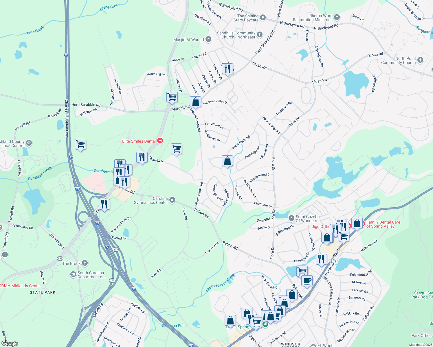 map of restaurants, bars, coffee shops, grocery stores, and more near 329 Folkstone Road in Columbia