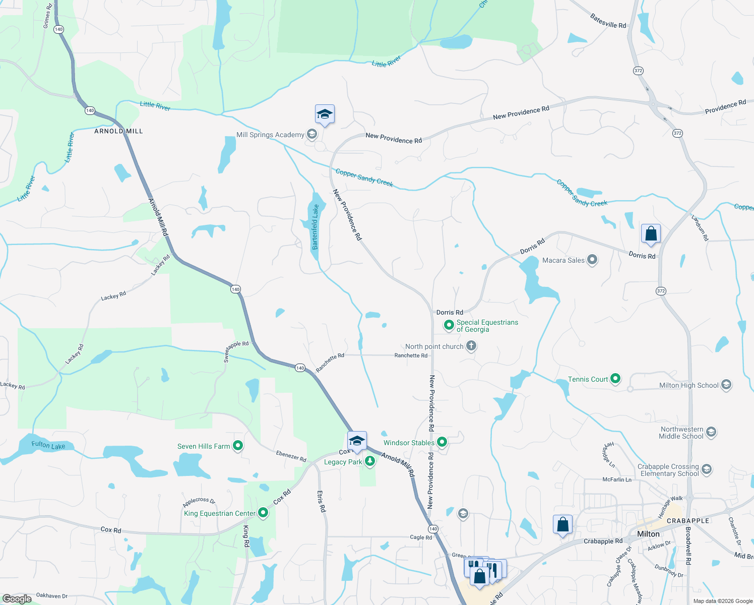 map of restaurants, bars, coffee shops, grocery stores, and more near 13340 New Providence Road in Alpharetta