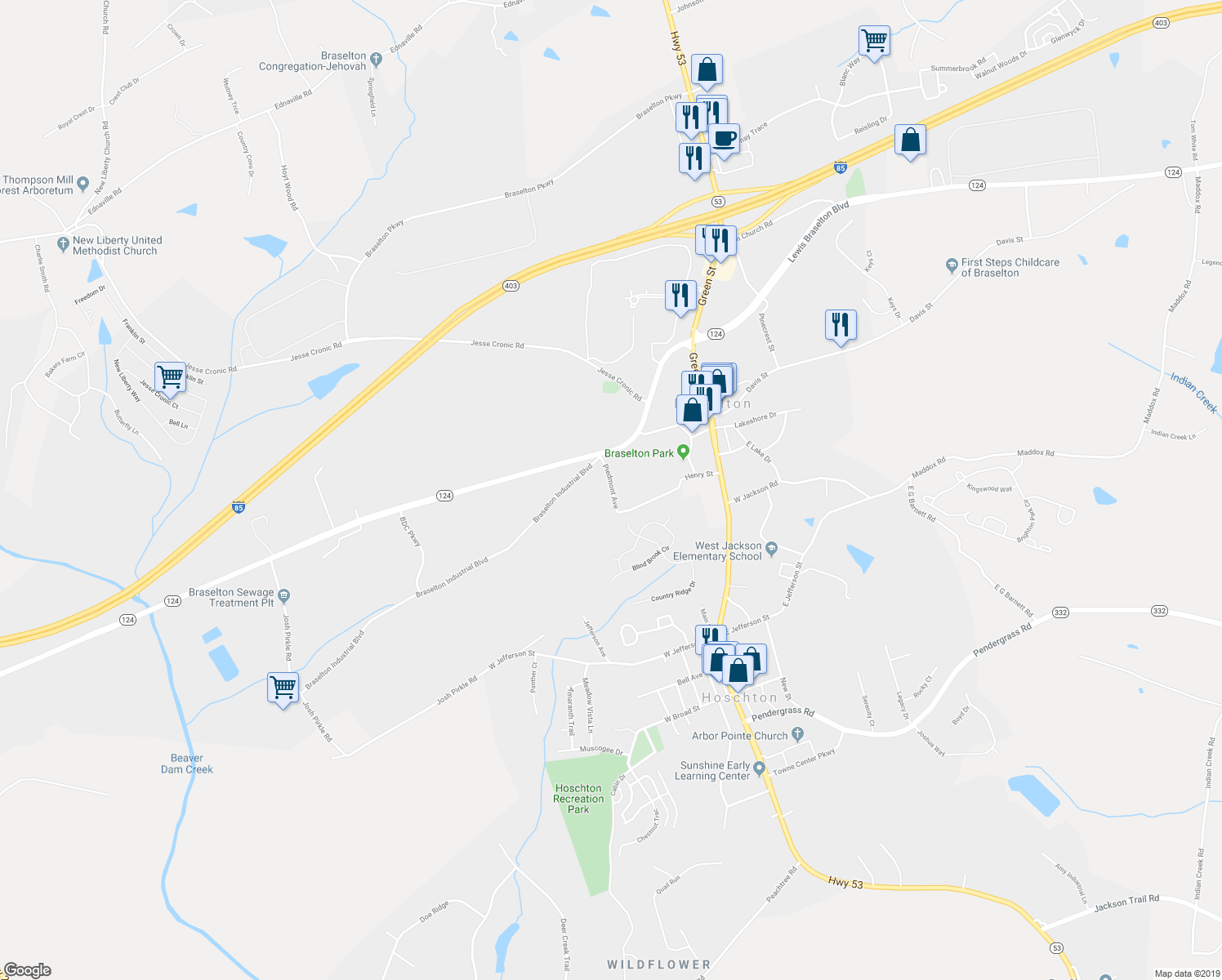 map of restaurants, bars, coffee shops, grocery stores, and more near 122 Piedmont Avenue in Braselton