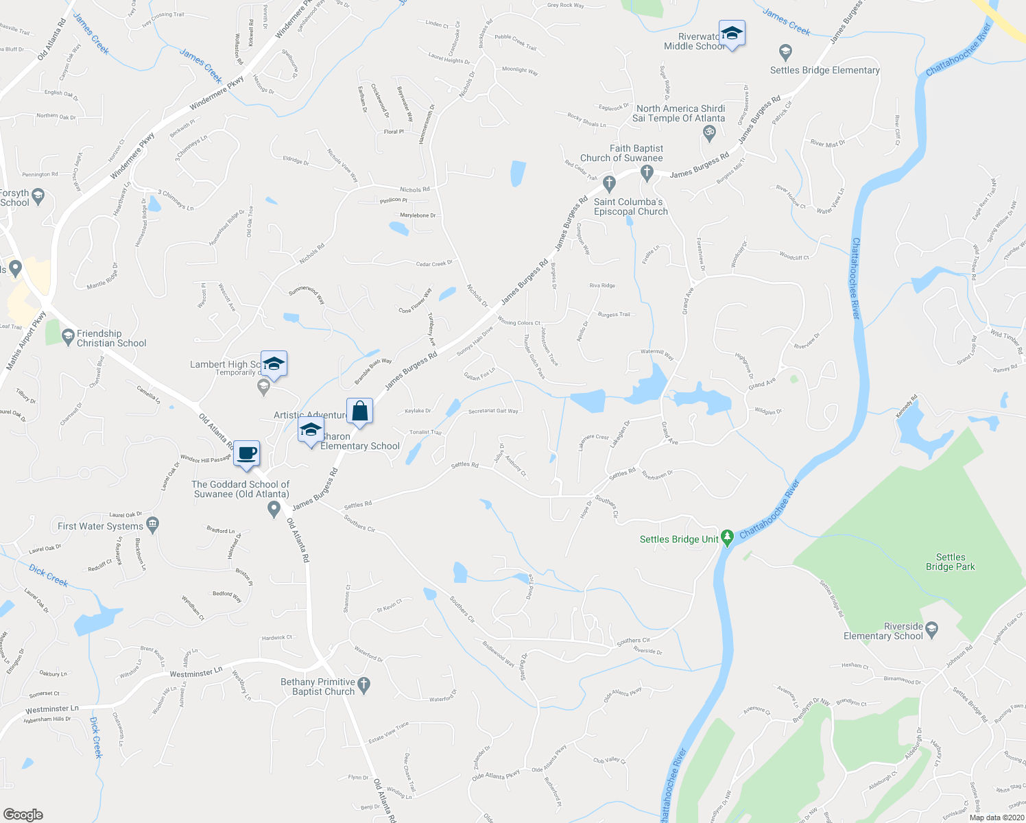map of restaurants, bars, coffee shops, grocery stores, and more near Secretariat Gait Way in Suwanee