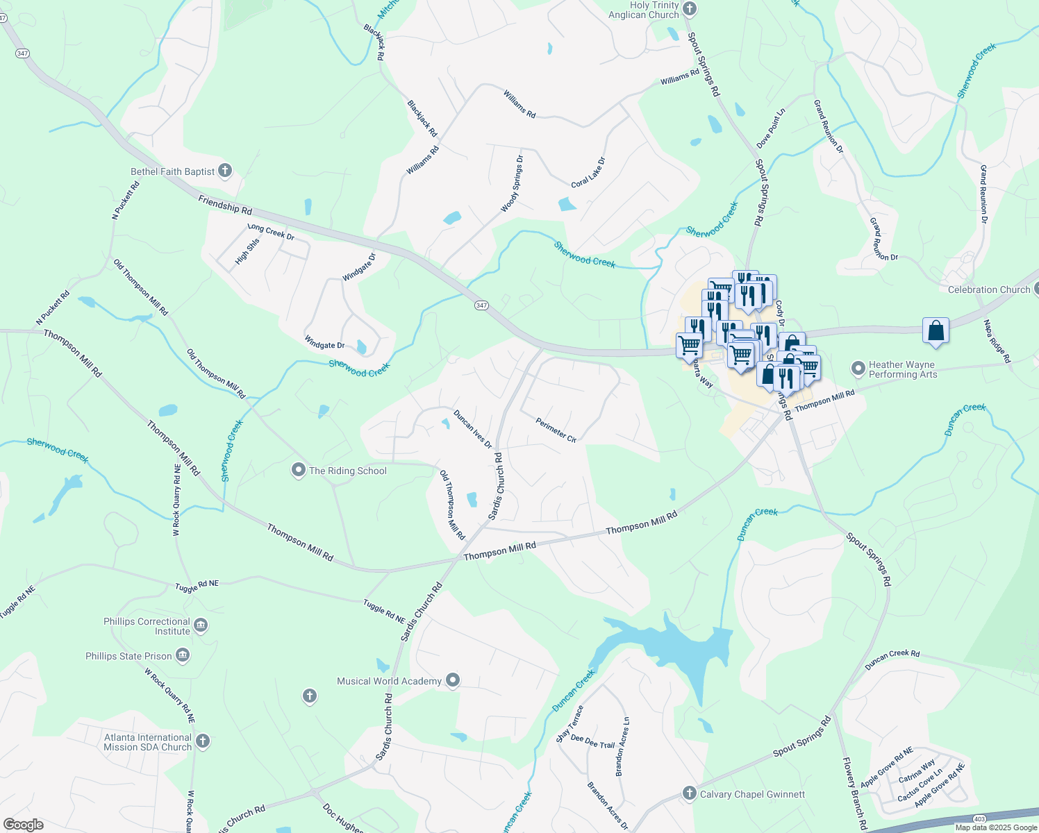 map of restaurants, bars, coffee shops, grocery stores, and more near 2952 Perimeter Circle in Buford