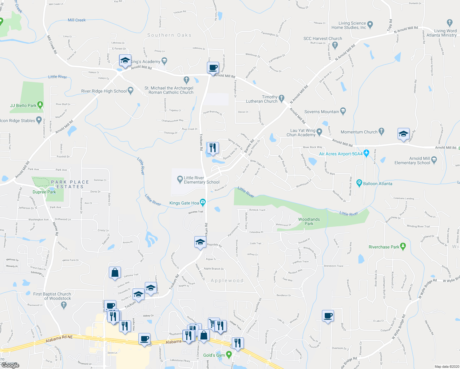 map of restaurants, bars, coffee shops, grocery stores, and more near 225 River Run in Woodstock