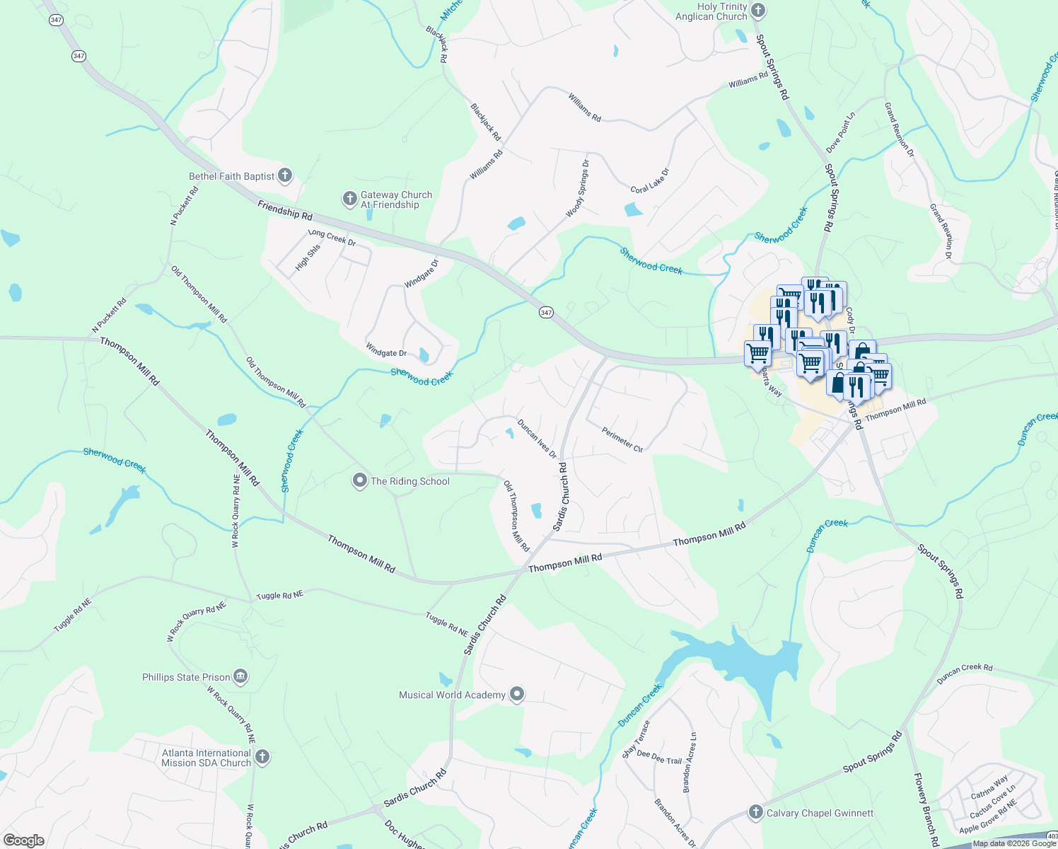 map of restaurants, bars, coffee shops, grocery stores, and more near 4108 Duncan Ives Dr in Buford