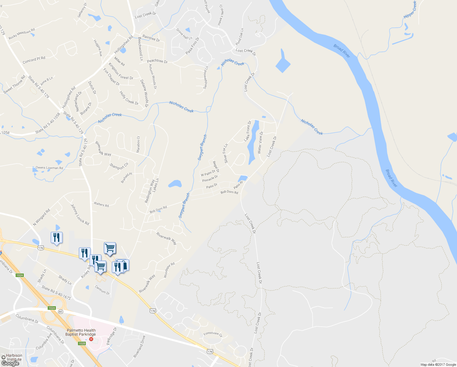 map of restaurants, bars, coffee shops, grocery stores, and more near 300 Patio Drive in Columbia