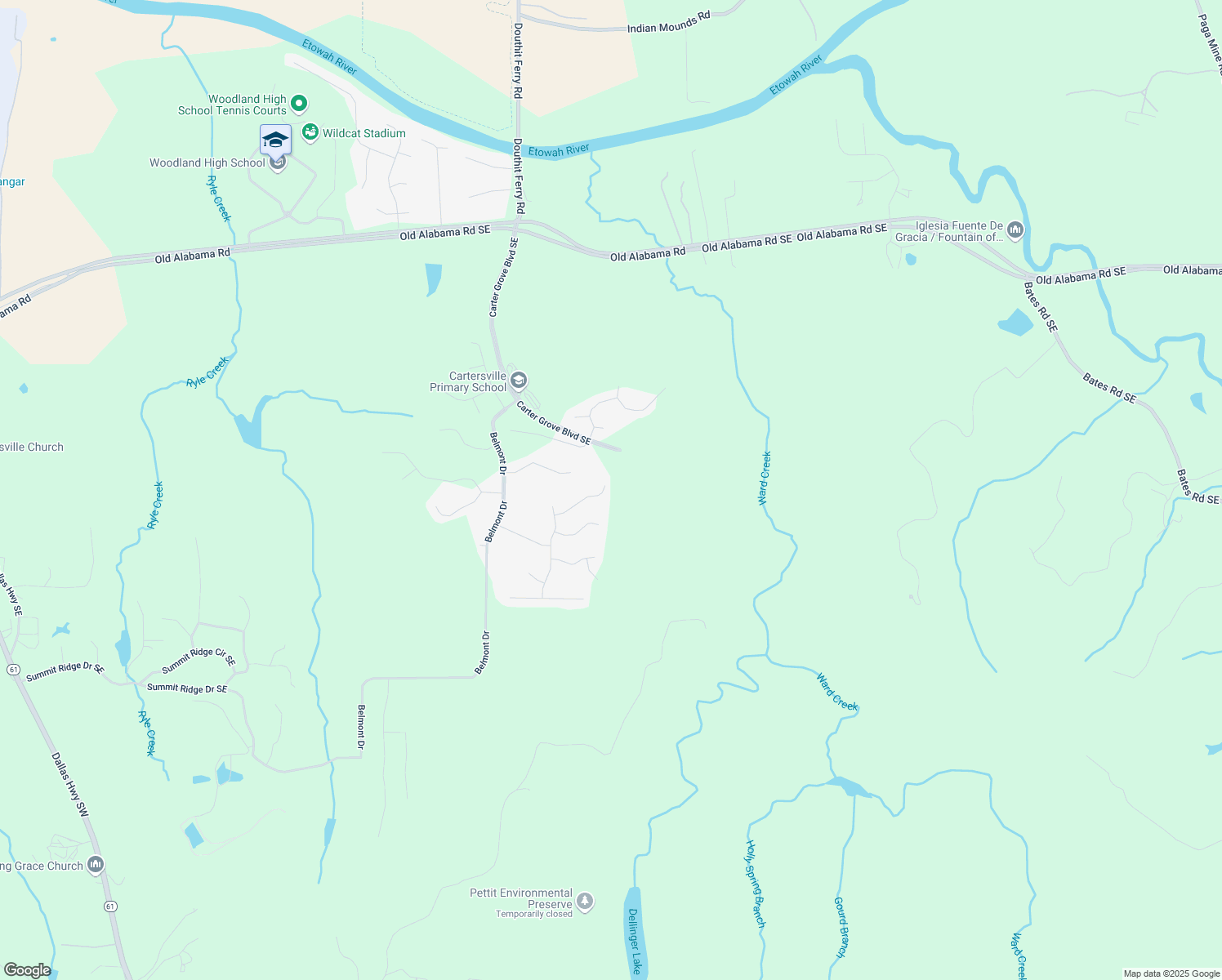 map of restaurants, bars, coffee shops, grocery stores, and more near 23 Greencliff Way in Cartersville