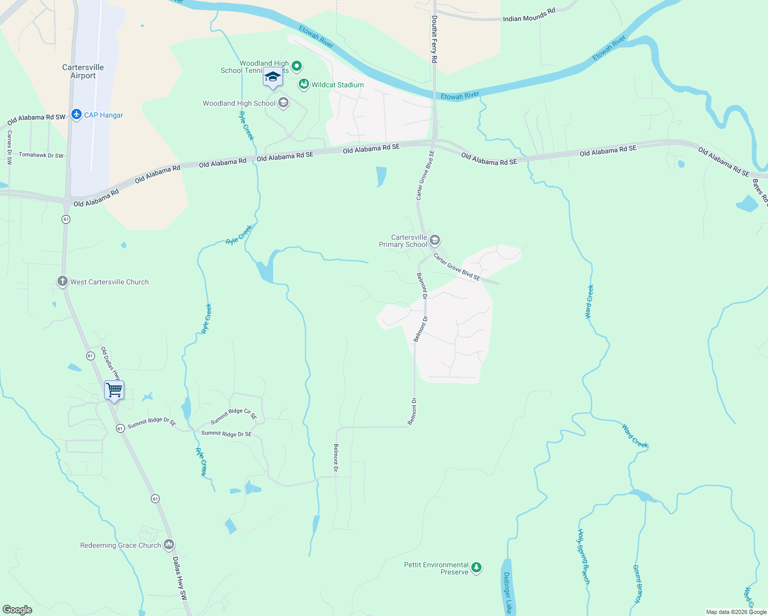 map of restaurants, bars, coffee shops, grocery stores, and more near 21 Plantation Ridge Drive in Cartersville