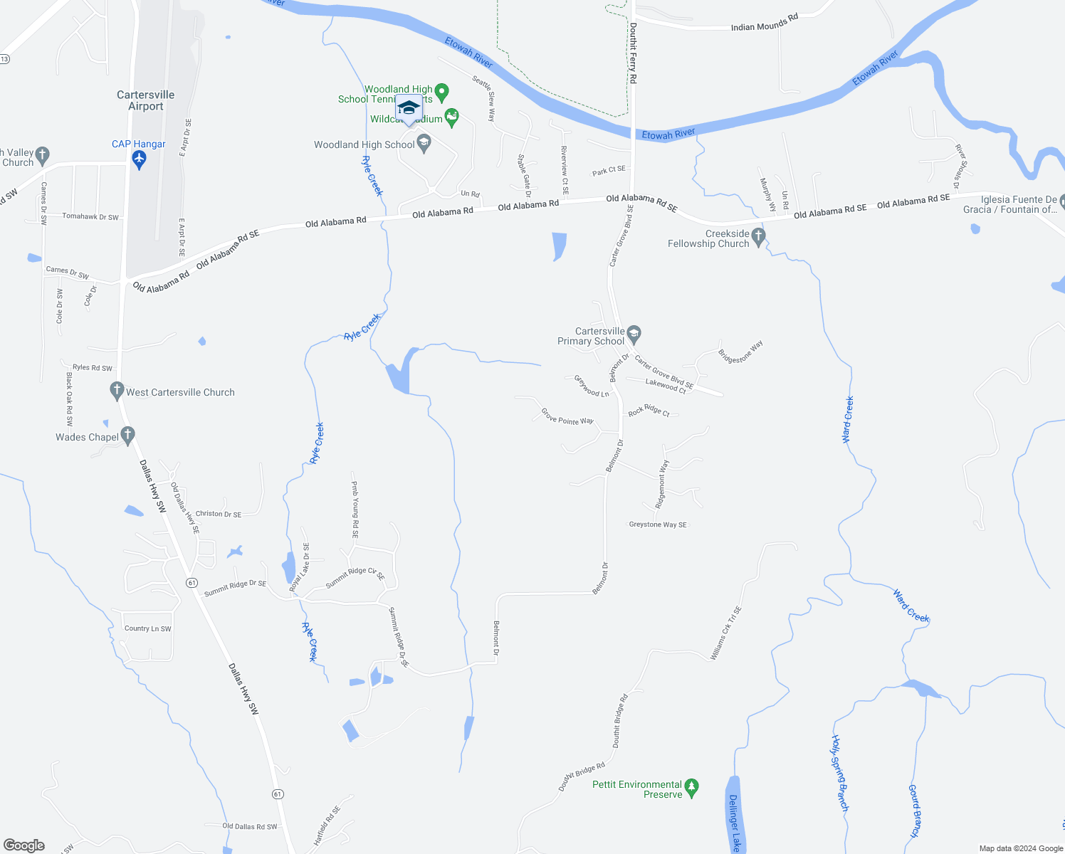 map of restaurants, bars, coffee shops, grocery stores, and more near 8 Carter Lane in Cartersville