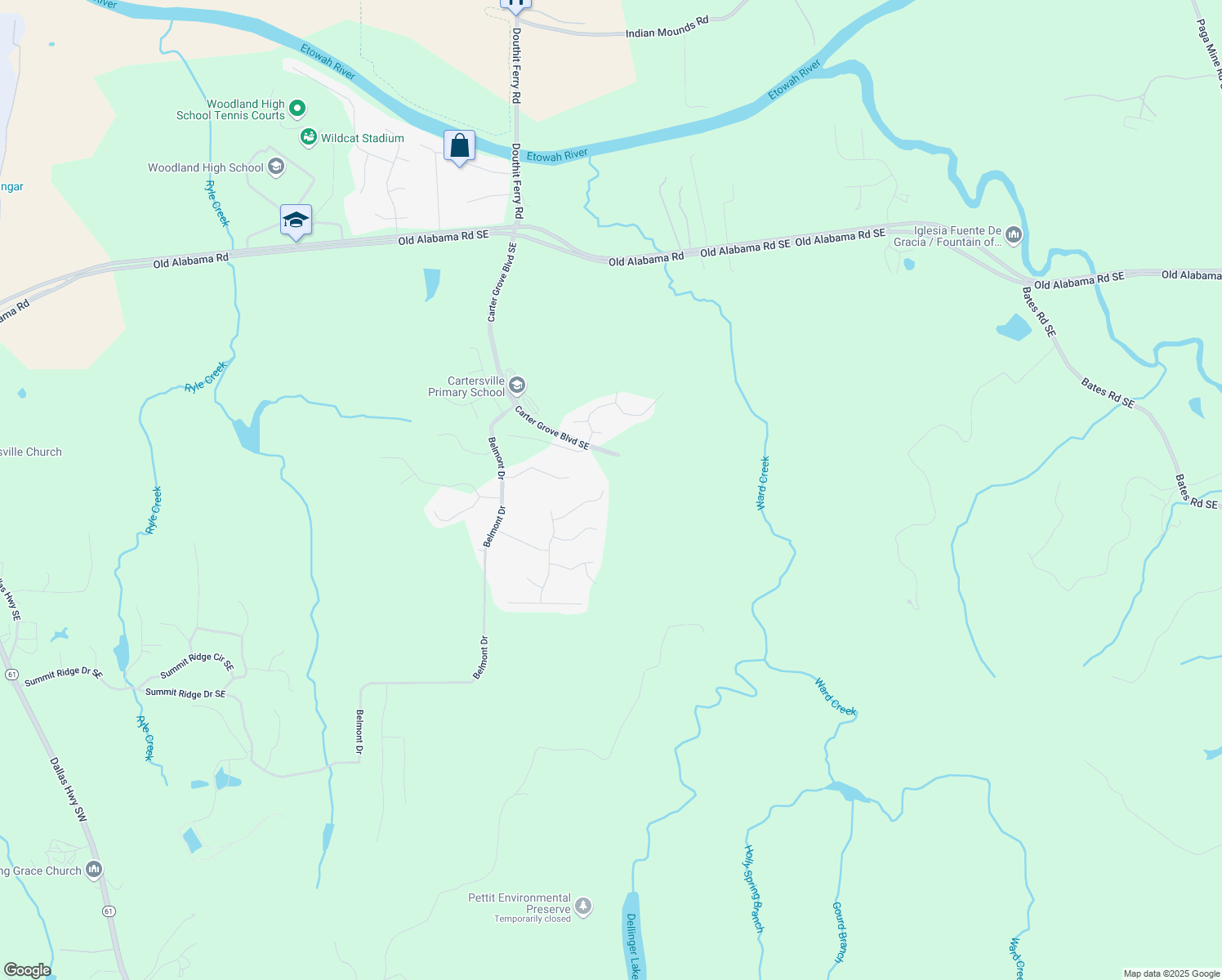 map of restaurants, bars, coffee shops, grocery stores, and more near 25 Greencliff Way in Cartersville