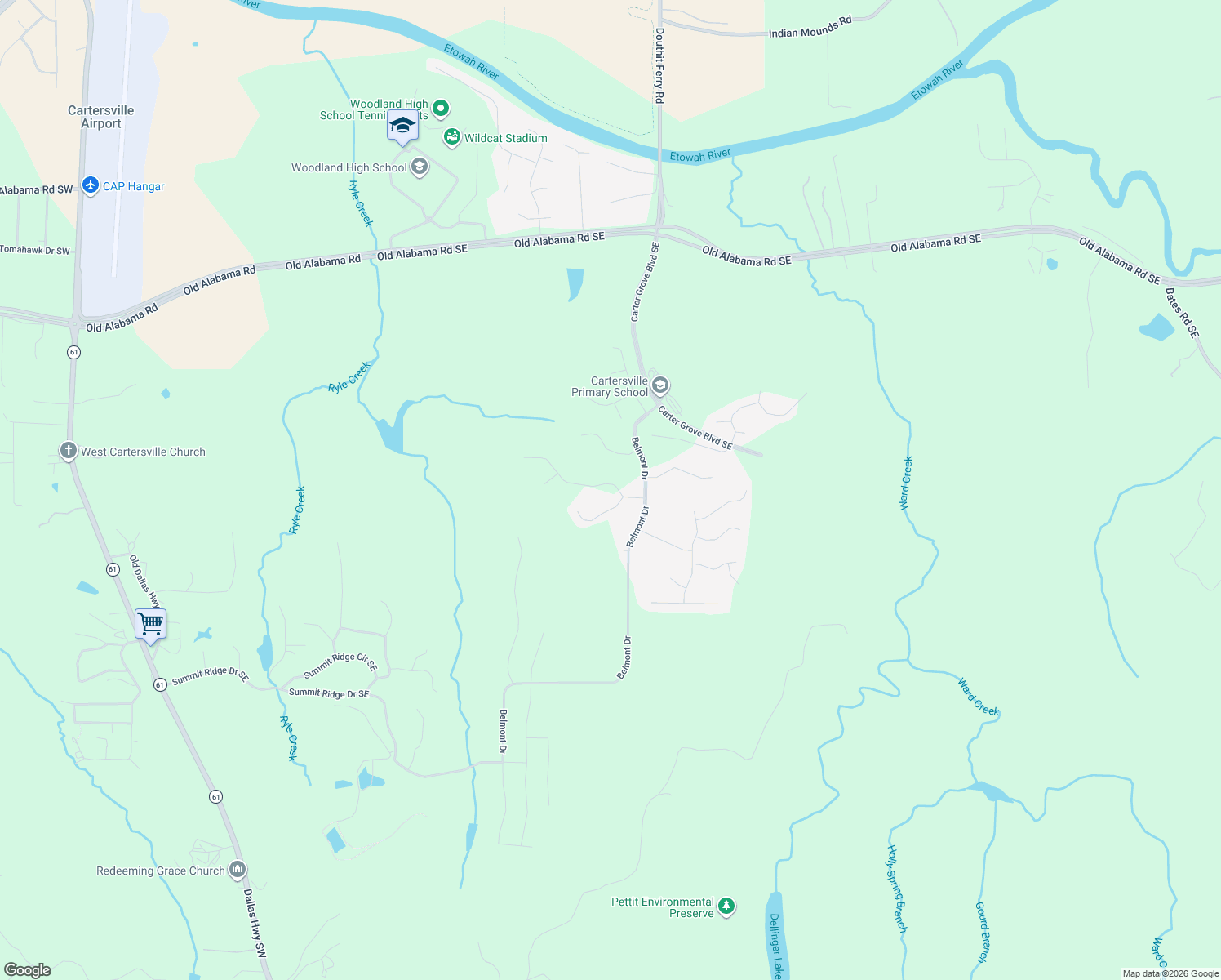 map of restaurants, bars, coffee shops, grocery stores, and more near 7 Plantation Ridge Drive in Cartersville