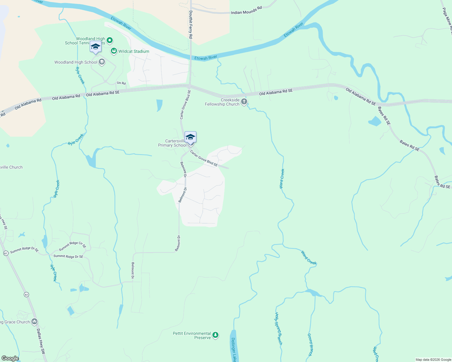 map of restaurants, bars, coffee shops, grocery stores, and more near 21 Greencliff Way in Cartersville