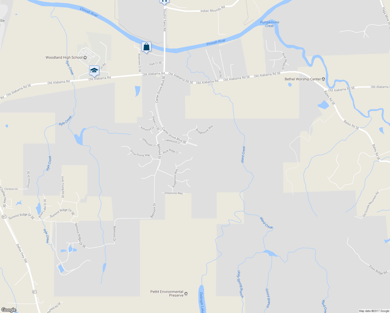 map of restaurants, bars, coffee shops, grocery stores, and more near 25 Greencliff Way in Cartersville