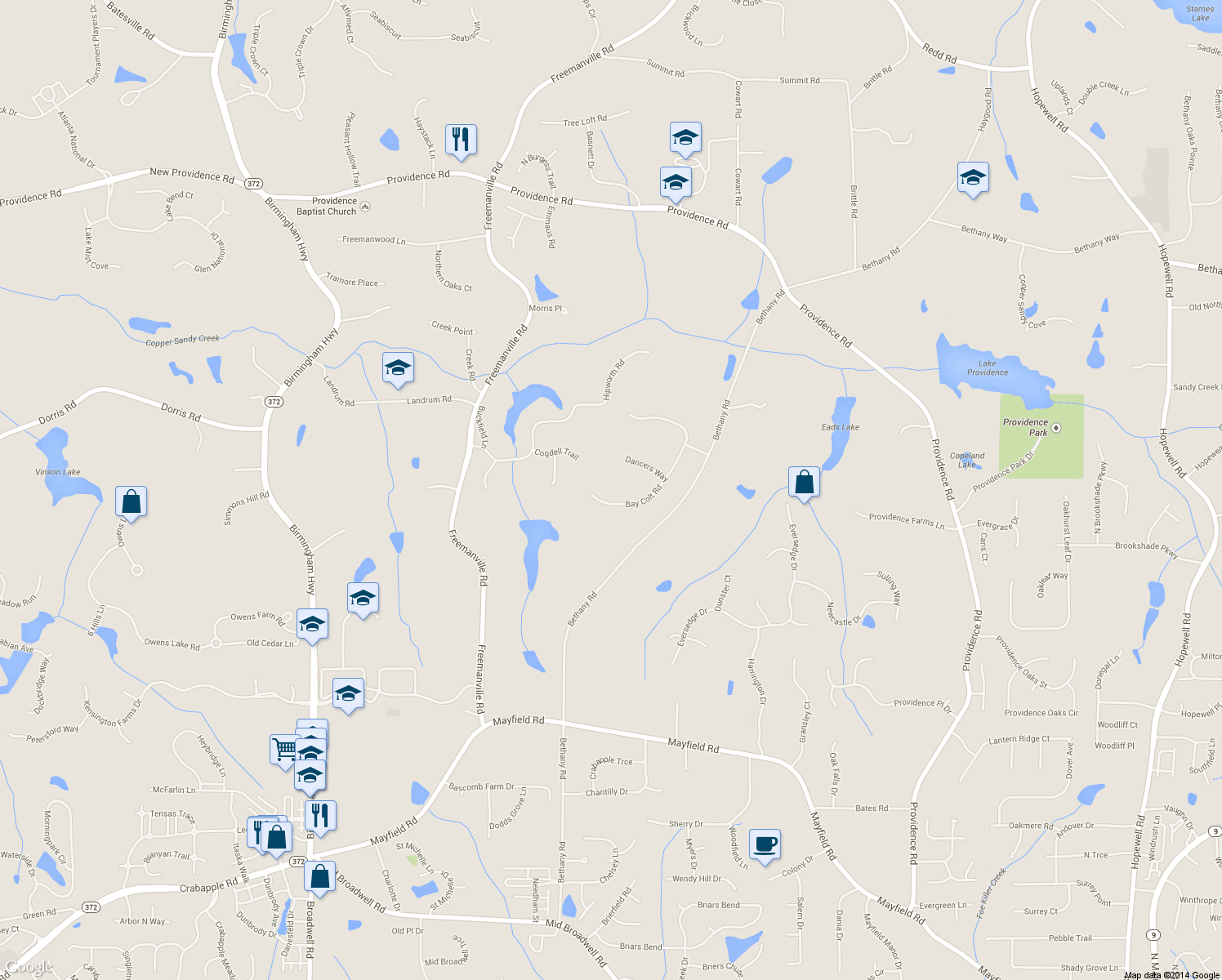 map of restaurants, bars, coffee shops, grocery stores, and more near 120 Bay Colt Road in Alpharetta