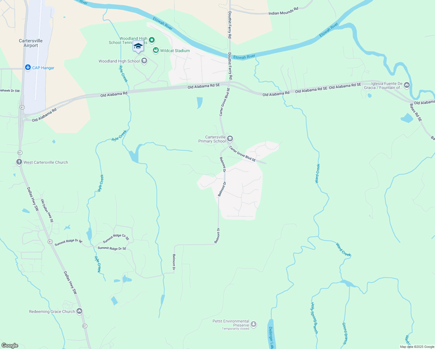 map of restaurants, bars, coffee shops, grocery stores, and more near 9 Grove Pointe Way in Cartersville