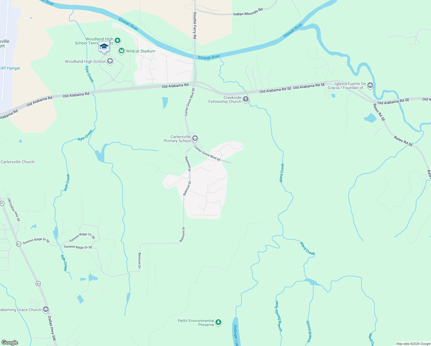 map of restaurants, bars, coffee shops, grocery stores, and more near 10 Greencliff Way in Cartersville