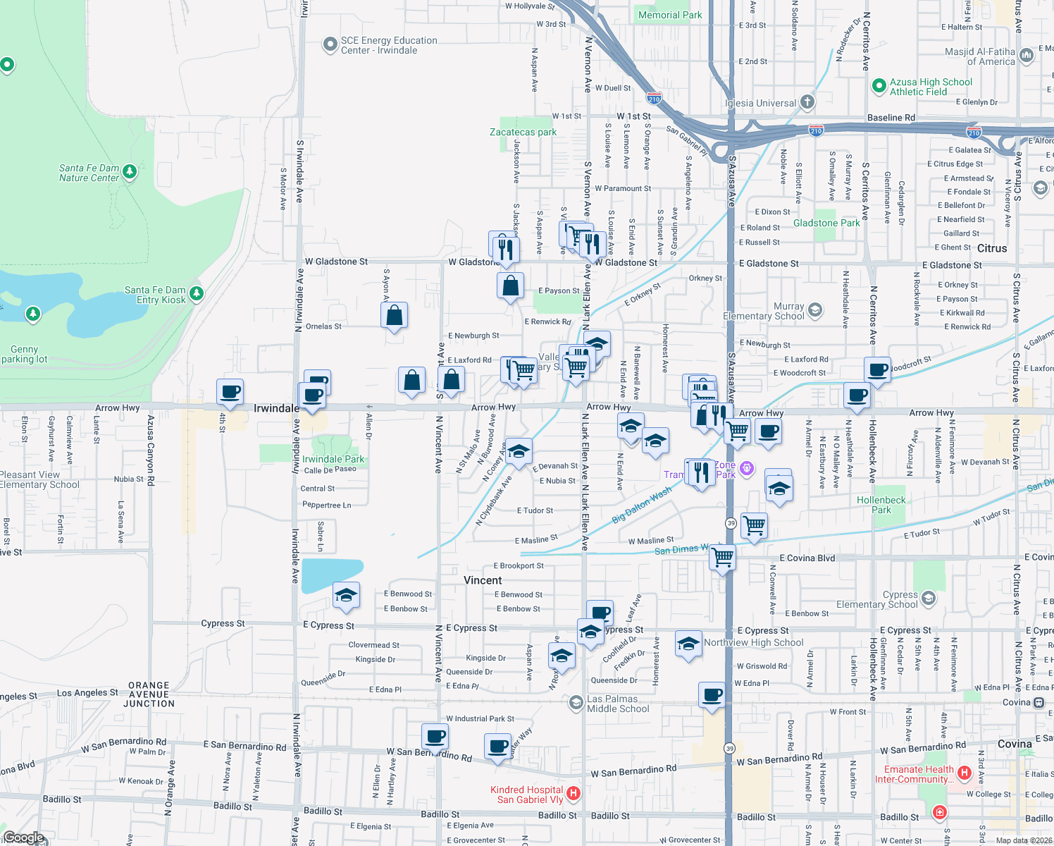 map of restaurants, bars, coffee shops, grocery stores, and more near 5140 North Clydebank Avenue in Covina
