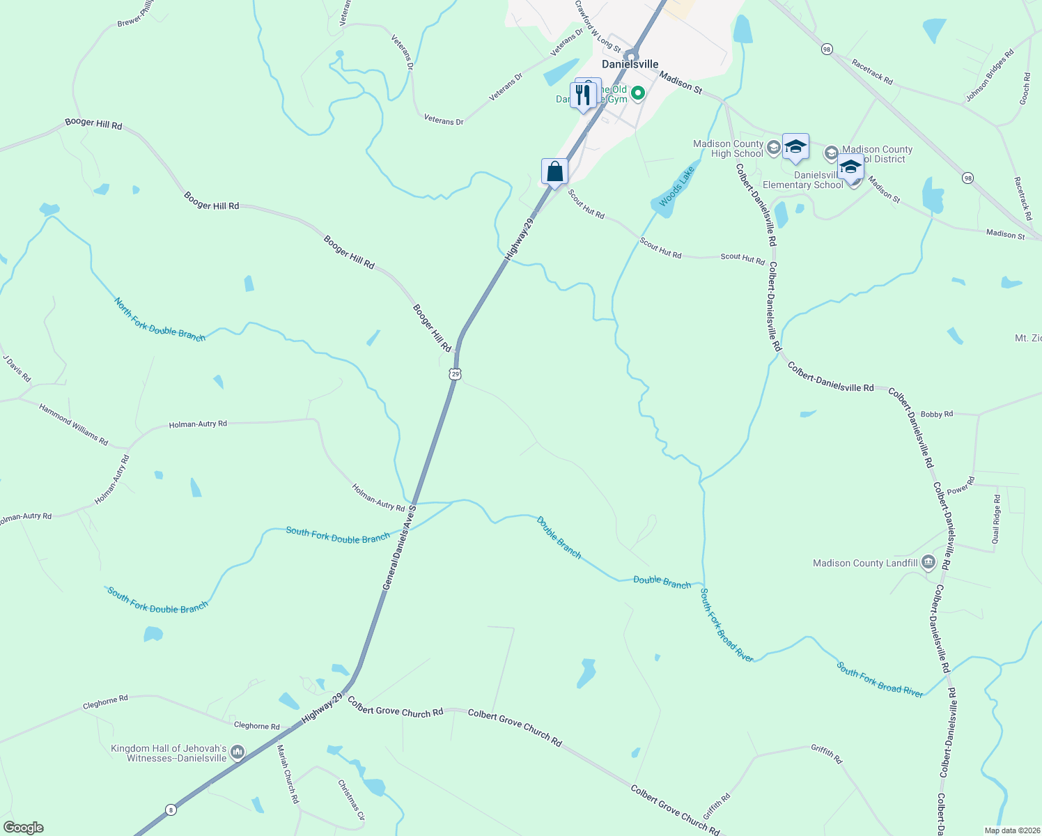map of restaurants, bars, coffee shops, grocery stores, and more near 295 Double Branch Road in Danielsville