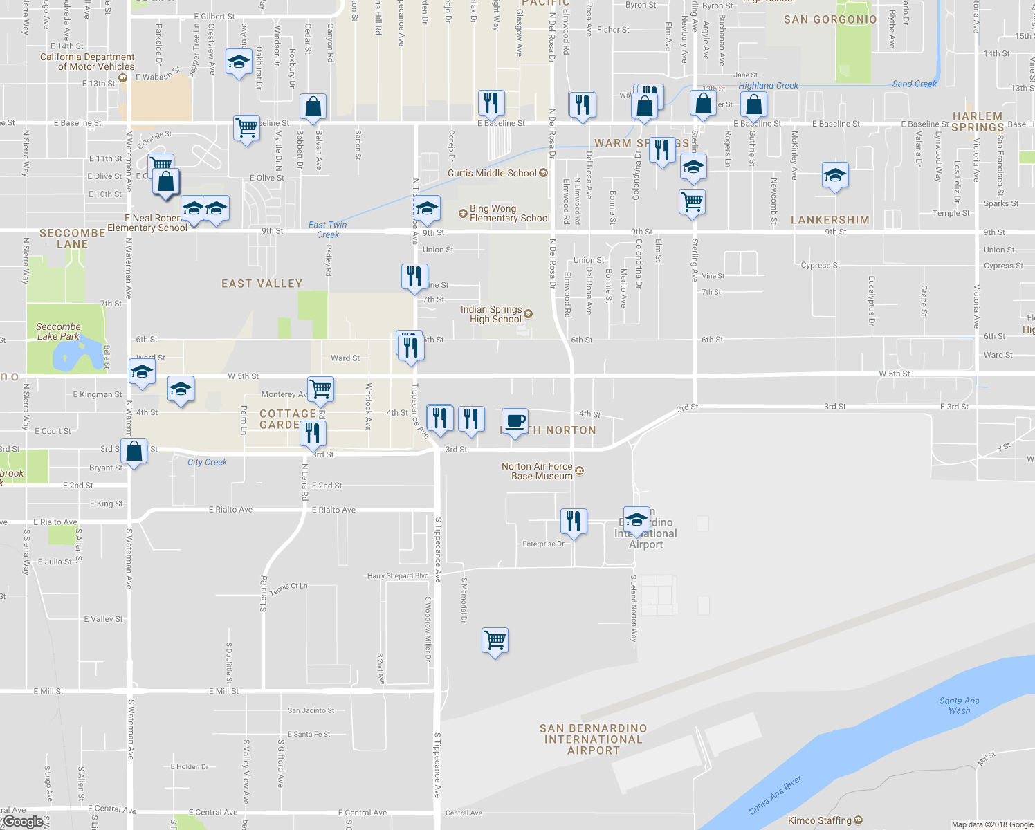 map of restaurants, bars, coffee shops, grocery stores, and more near 25154 4th Street in San Bernardino
